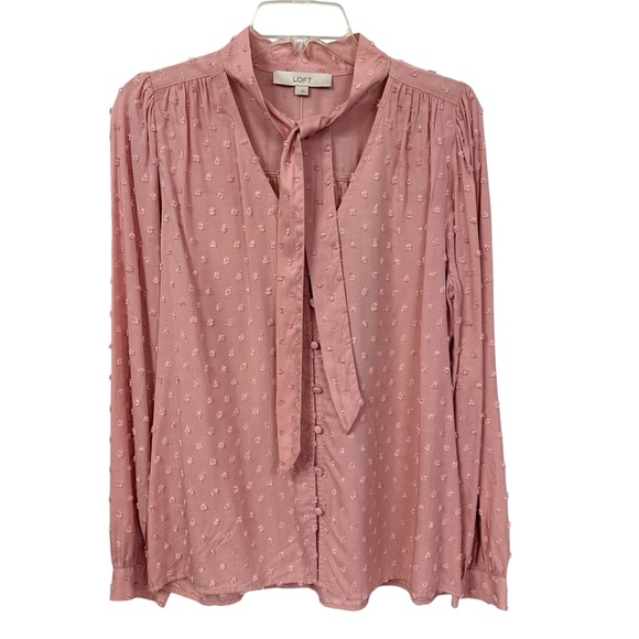 LOFT Tops - NWT Loft Pink Top Swiss Dot Tie Neck Long Sleeves 100% Rayon Button Front Small